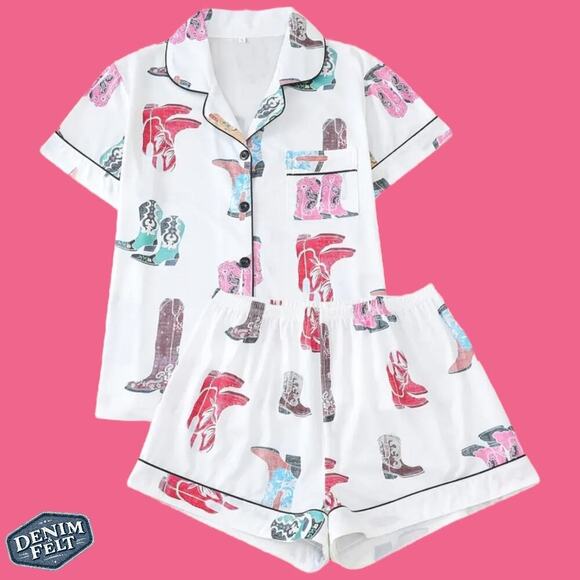 Unbranded Other - Women’s 2 Piece White Western Cowboy Boots Shorts/Button Up Pajamas Set | NEW!!